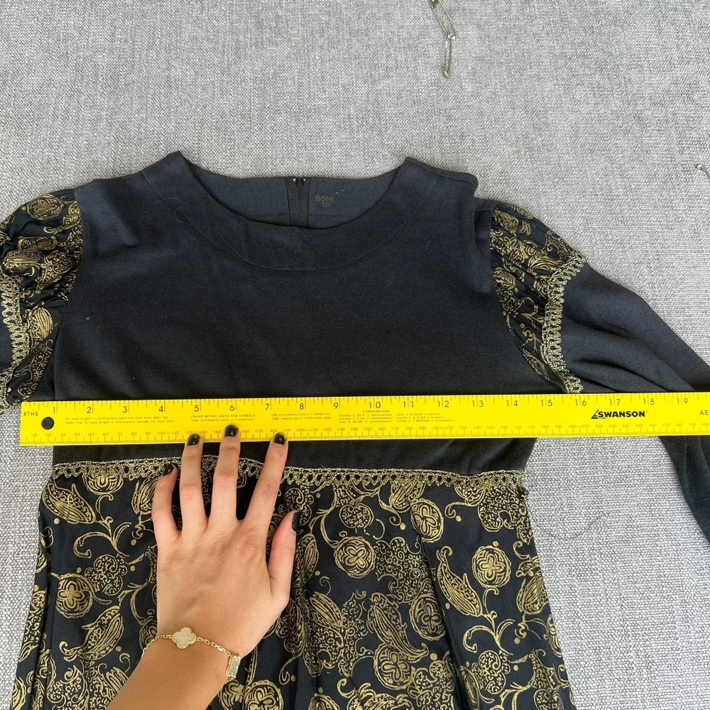 Girls Fit & Flare Dress 10 Black Gold Paisley Long Sleeve Back Zip Party Holiday
